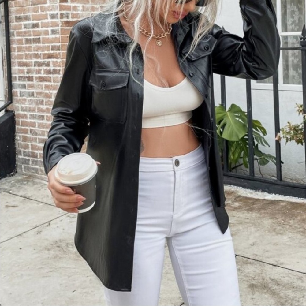 Flap Pocket PU Leather Button down Top